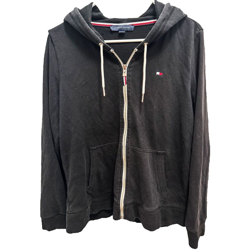 Tommy Hilfiger Zip-Up Hoodie Black Signature Logo Women's Large